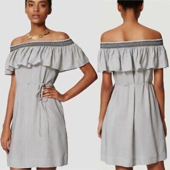 Loft Smocked Off Shoulder Belted Shift Dress‎ W/Pockets Black / Cream Small - Picture 1 of 11
